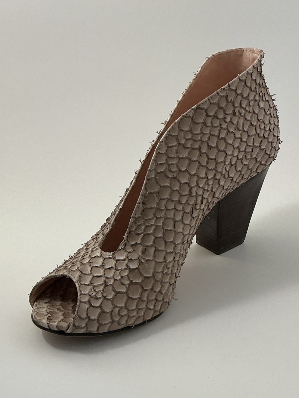 Kurt Geiger Taupe Snake-Effect Peep Toe Block Heel Pumps